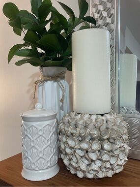 Neutral White Ceramic Accent Jar and Decorative Candle Holder Set